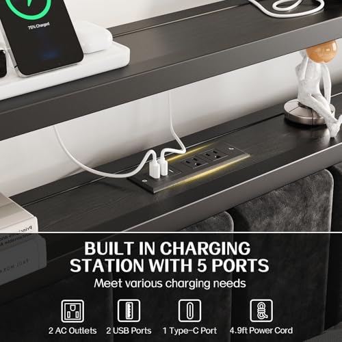 OLEVS King Bed Frame with Charging Station & RGB LED Lights - Black, Modern Platform Bed