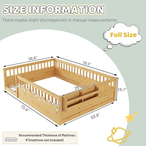 Full Size Montessori Floor Bed with Rails, LED Lights & Storage Shelf