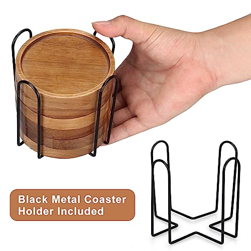 Acacia Wood Coaster Set of 6 with Holder - Farmhouse Drink Coasters