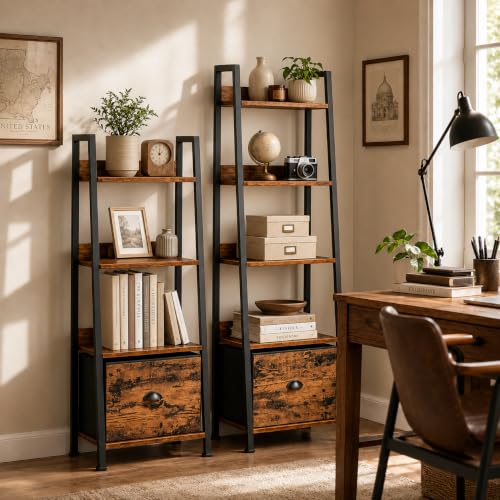 4-Tier Industrial Ladder Bookshelf with Removable Fabric Storage Drawer