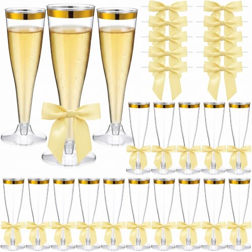 Zopeal 200 Pcs Gold Champagne Flute & Bow Set Gold Rim - Shatterproof Plastic Glasses