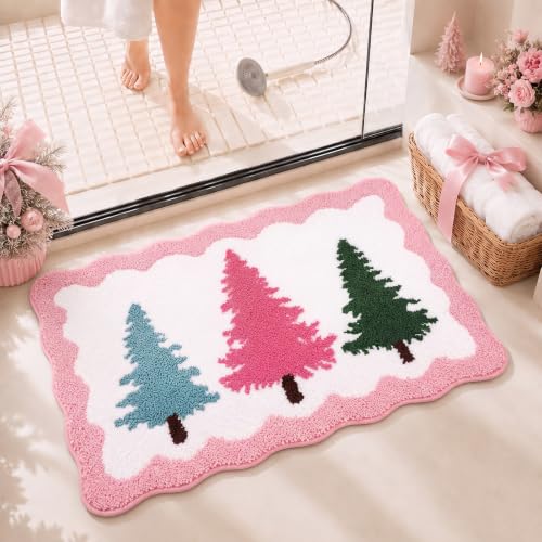 Dunzy Pastel Christmas Tree Bath Rug Non-Slip Microfiber 31.5x19.7in Holiday Decor