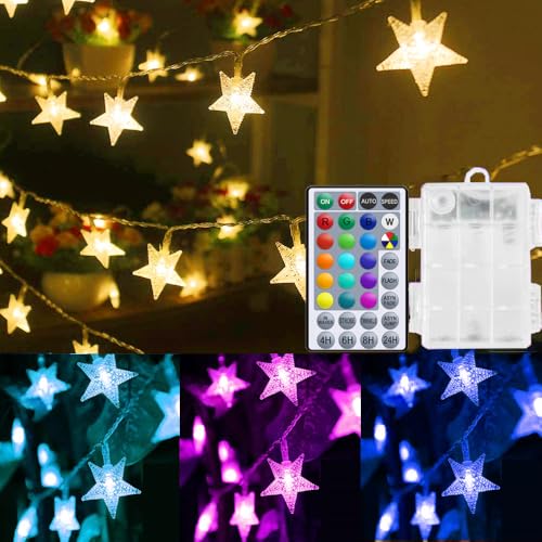 Color Changing Star String Lights - 20ft 40 LED Battery Fairy Lights with Remote