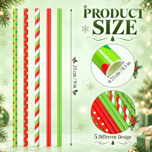 Uiifan 100 Pcs Christmas Plastic Drinking Straws - 9 Inch - Multi-Style