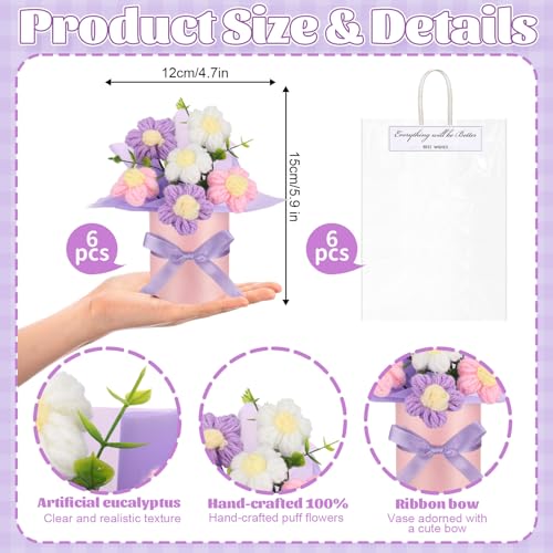Willinglong 6-Piece Pastel Crochet Flower Bouquet Gift Set - Handmade Artificial Flowers with Gift Bags