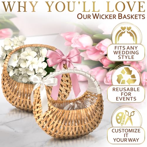 Set of 2 Rattan Flower Girl Baskets with Handles - 6.3-Inch Wicker Baskets