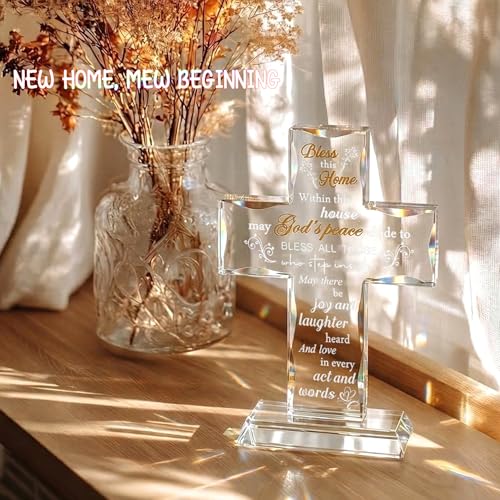 Engraved Glass Cross Housewarming Gift with Blessing Words, Home Decor