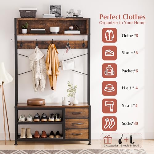 6-in-1 Entryway Hall Tree with Bench, 3 Drawers, and 12 Coat Hooks