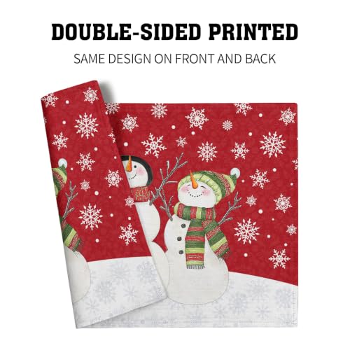 Snowman Placemats Set of 4 - Red Xmas Snowflakes Linen Table Mats 12x18 Inch - Holiday Kitchen Decor
