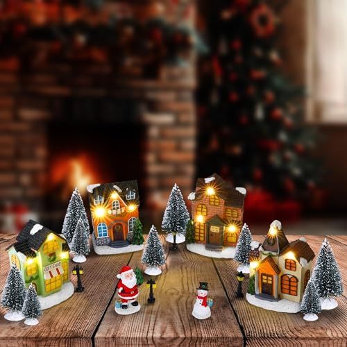 Aneco 19-Piece Christmas Village Set with Resin Houses Snowmen LED Lights & Trees