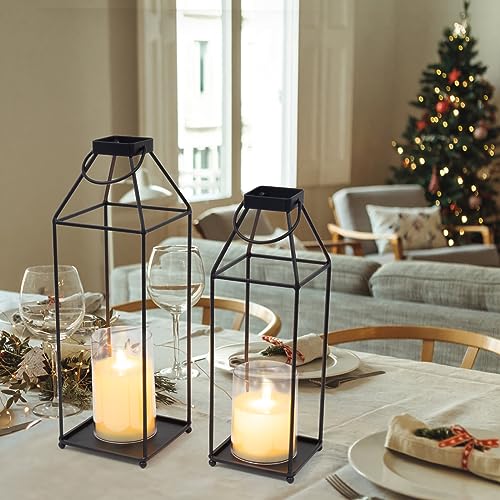 Decorative Outdoor Lanterns with LED Candles - 2PCS Black Metal