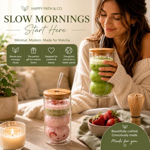 Ribbed Glass Cups with Bamboo Lids and Straws - 16oz Set of 2
