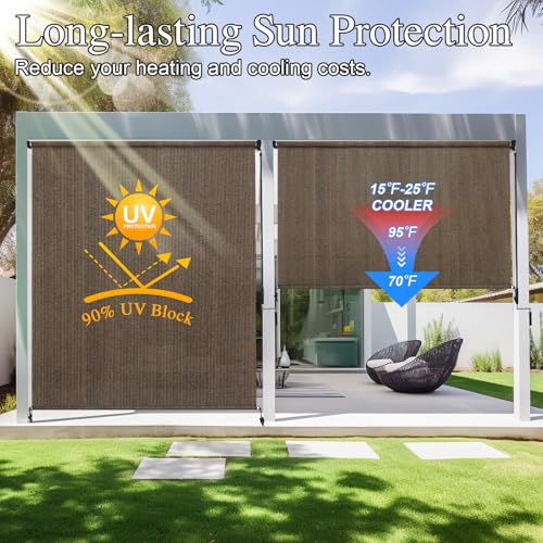 Outdoor Roller Shades 8' x 8' - Cordless Patio Blinds with 90% UV Protection