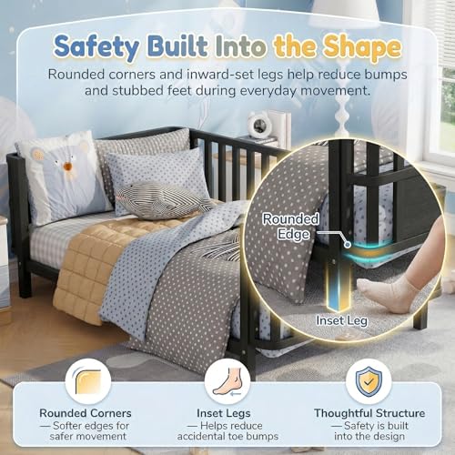 Twin Kids Bed Frame with Removable Safety Rails, Low Profile Montessori Bed
