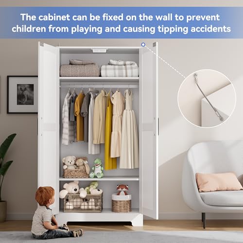 Freestanding Wooden Wardrobe Closet with Hanging Rod and Adjustable Shelves
