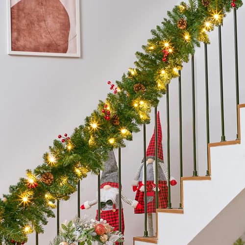 9Ft Christmas Garland Pre-lit with 100 LED Lights, Pine Cones & Red Berries - Battery Powered, Indoor & Outdoor Holiday Decor - Red Berries Variation