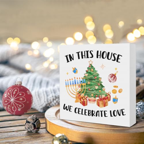 Christmas Hanukkah Wooden Desk Sign - In This House We Celebrate Love 5x5 Inches