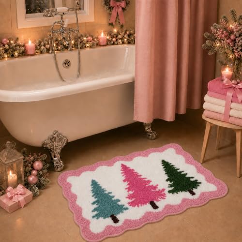 Dunzy Pastel Christmas Tree Bath Rug Non-Slip Microfiber 31.5x19.7in Holiday Decor