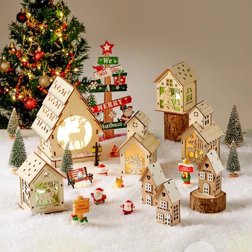 29-Piece DIY Wooden Christmas Village Set with LED Lights and Miniatures