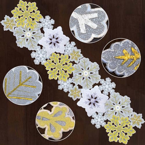 Grelucgo 14 x 120 in Machine Embroidered Silver & Gold Winter Snowflakes Table Runner