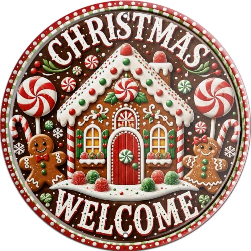 Christmas Welcome Gingerbread Metal Sign 8x8 Inch Round Holiday Decor - Brown, Red, White & Green