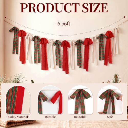 Elegant Christmas Plaid Bow Garland - 6.7ft Red Green Holiday Banner