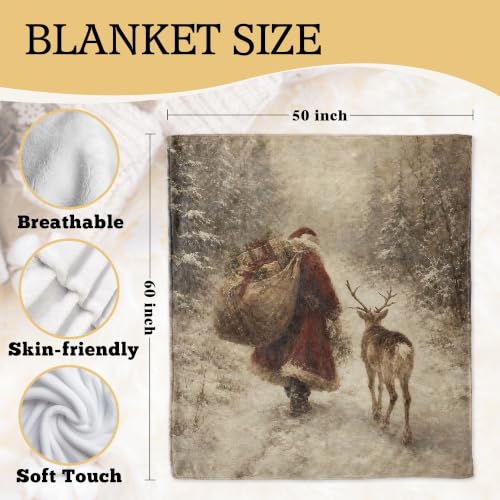 Santa Reindeer Throw Blanket 50x60 inches with Holiday Message – Rustic Christmas Decor, Santa-4 (XINCEYWJ)