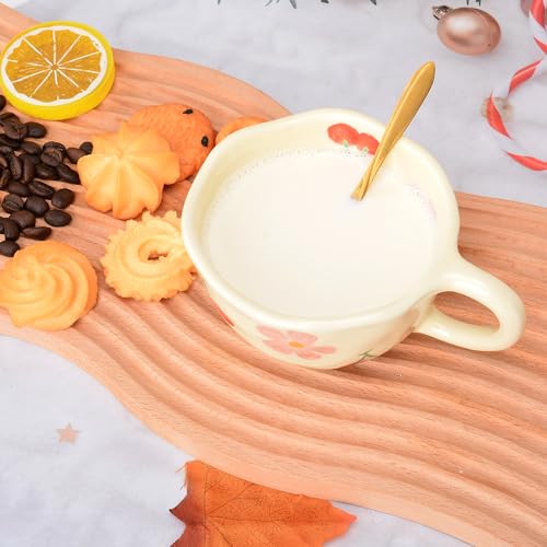 XinHuiGY Pink Flower Handmade Ceramic Coffee Mug with Spoon 8oz – Cute Kawaii Tea Cup for Women, Mothers Day Gift