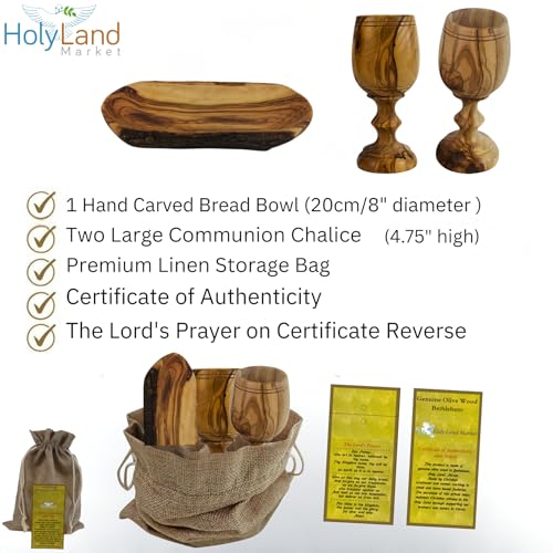 Hand-Carved Olive Wood Communion Set with Oval Bowl and 2 Goblets