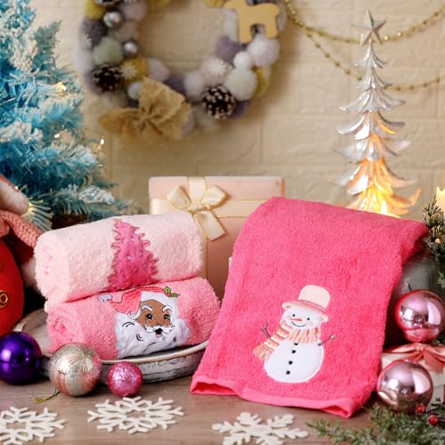 Pink Christmas Hand Towels Set 3 - 13.78 x 29.53 in with Santa Claus Design, 100% Cotton
