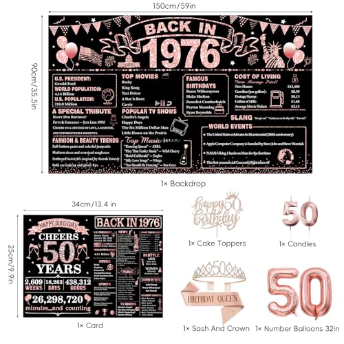 50th Birthday Party Decorations Kit - Rose Gold and Black 1976 Theme