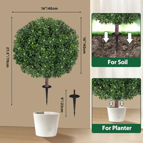27.5-Inch Artificial Boxwood Topiary Ball Trees - Set of 2 UV Resistant
