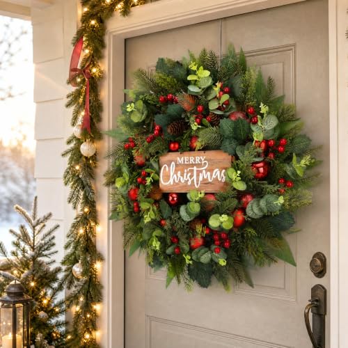 26-Inch Christmas Front Door Wreath with Pine, Berries & Pine Cones