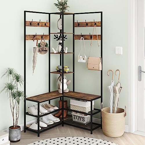 Corner Hall Tree with Shoe Bench, 10-Hook Industrial Coat Rack & Storage
