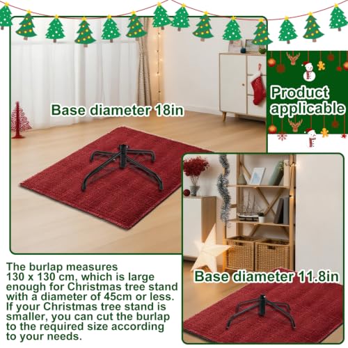 Fantang 51x51in Red Burlap Christmas Tree Skirt with Bow - Dark Red