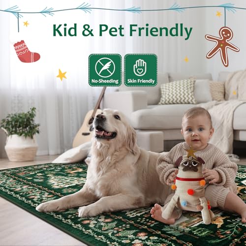 LIVEBOX 4x6 Green Christmas Rug with Santa Deer & Tree, Non-Slip Vintage Indoor Carpet