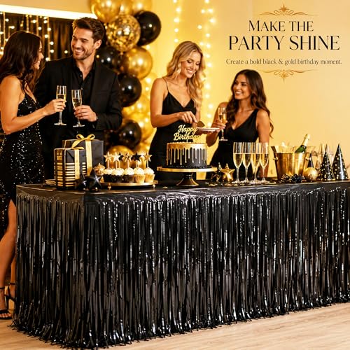 4-Pack Black Foil Fringe Table Skirt, Metallic Tinsel Party Decorations