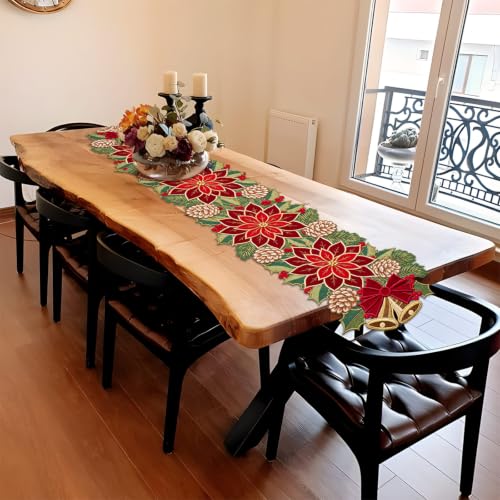 Ritgssi Christmas Tree Table Runner 14x72 in Red Floral Embroidery
