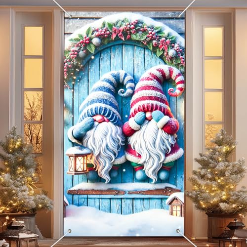 IVN Gnome Lantern Christmas Door Cover 35x71 Inch Winter Holiday Decor