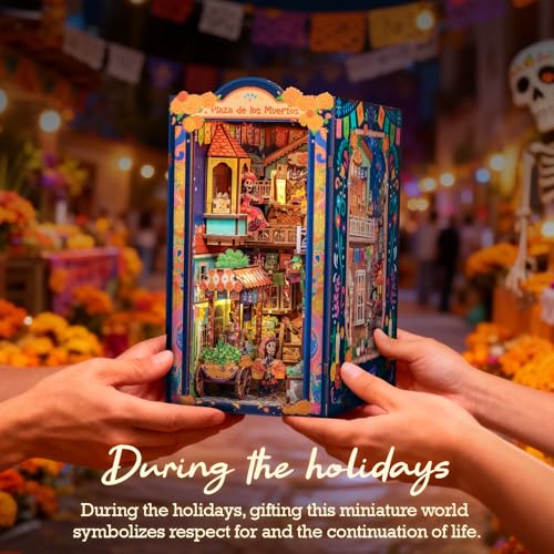 Mexican Plaza DIY Book Nook Kit, 3D Wooden Puzzle with LED Lights