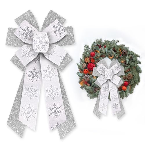 Glodecart Style8 Large Christmas Bow for Wreath - Glitter Silver Snowflake Decoration