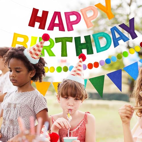 3D Rainbow Happy Birthday Banner Set, Pre-Strung Felt Party Decorations