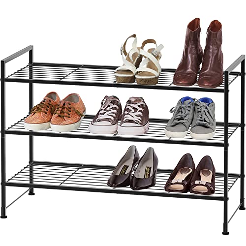 3-Tier Stackable Wire Grid Shoe Rack - Black Metal Storage Organizer