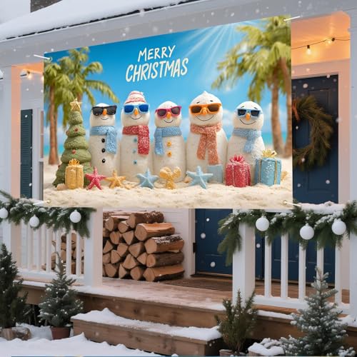 Outdoor Christmas Banner with Snowmen & Palm Trees - Tropical Holiday Yard Decor - Variation 79