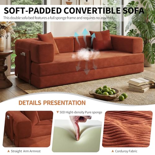 78.8-inch Convertible Corduroy Sofa Bed - Orange Sleeper Couch