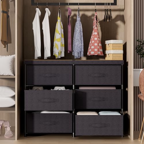 6-Drawer Fabric Dresser Storage Tower with Wooden Top & Metal Frame