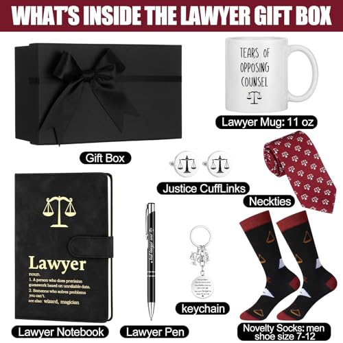 Sunnychicc 7-Piece Lawyer Gift Set Burgundy – Journal, Mug, Pen, Tie, Cufflinks, Socks, Keychain