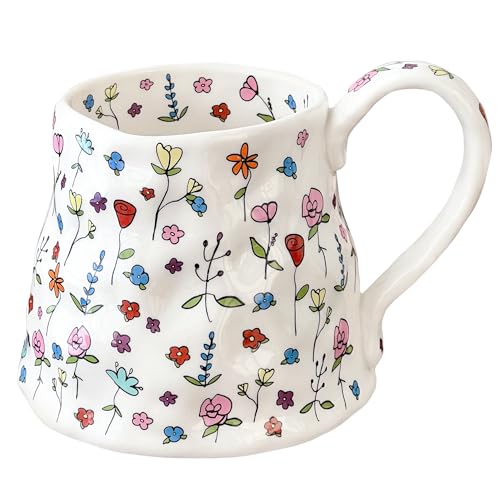 Movlen White 20oz Large Ceramic Floral Mug with Handmade Irregular Shape & Big Handle — Pink Girly Tea & Coffee Cup for Women, Mothers Day, Christmas