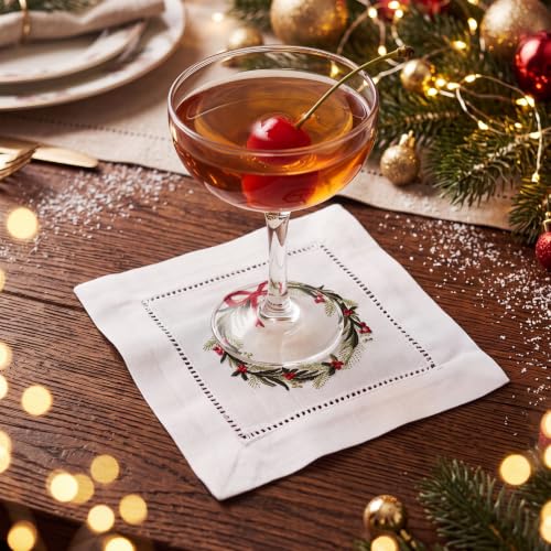 12 Pcs Linen Cocktail Napkins with Hemstitch Christmas Wreath Design - Holiday Table Decor