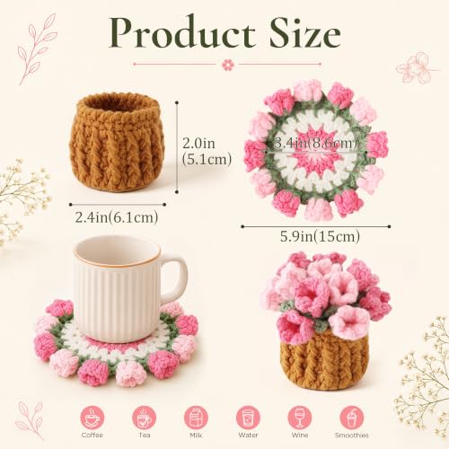 Vane Oak Pink Crochet Flower Coasters with Plant Pot - Handmade 1Pc